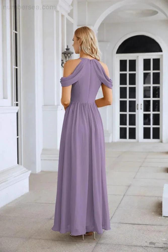 Ladies Chiffon Off Shoulder Swing Sleeve Front Slit Bridesmaid Evening Dress Wedding Party Evening Dress 28117 (ZD17011)