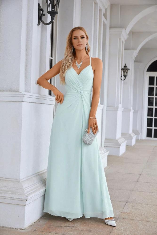 Ladies Chiffon Spaghetti Strap V Neck Front Slit Floor Length Bridesmaid Evening Dress Prom Party Wedding Evening Dress 28116 by numbersea