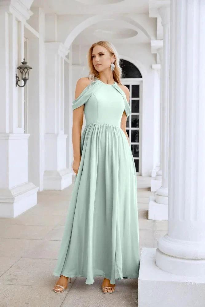 Ladies Chiffon Off Shoulder Swing Sleeve Front Slit Bridesmaid Evening Dress Wedding Party Evening Dress 28117 by numbersea