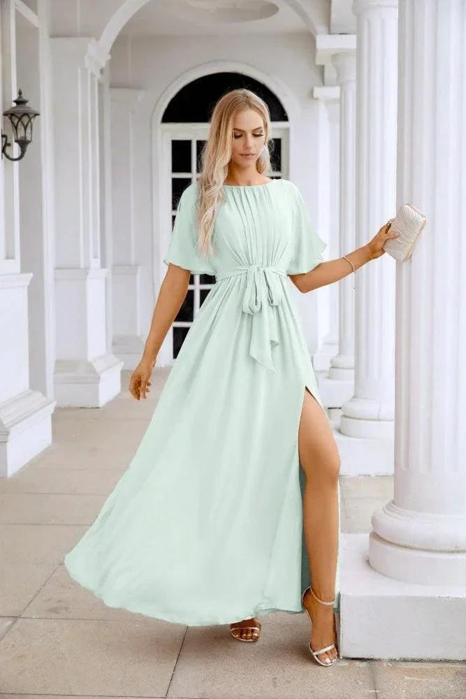 Ladies Chiffon Sleeve Crew Neck Front Slit Floor Length Bridesmaid Evening Dress Wedding Party Evening Dress 28124 by numbersea