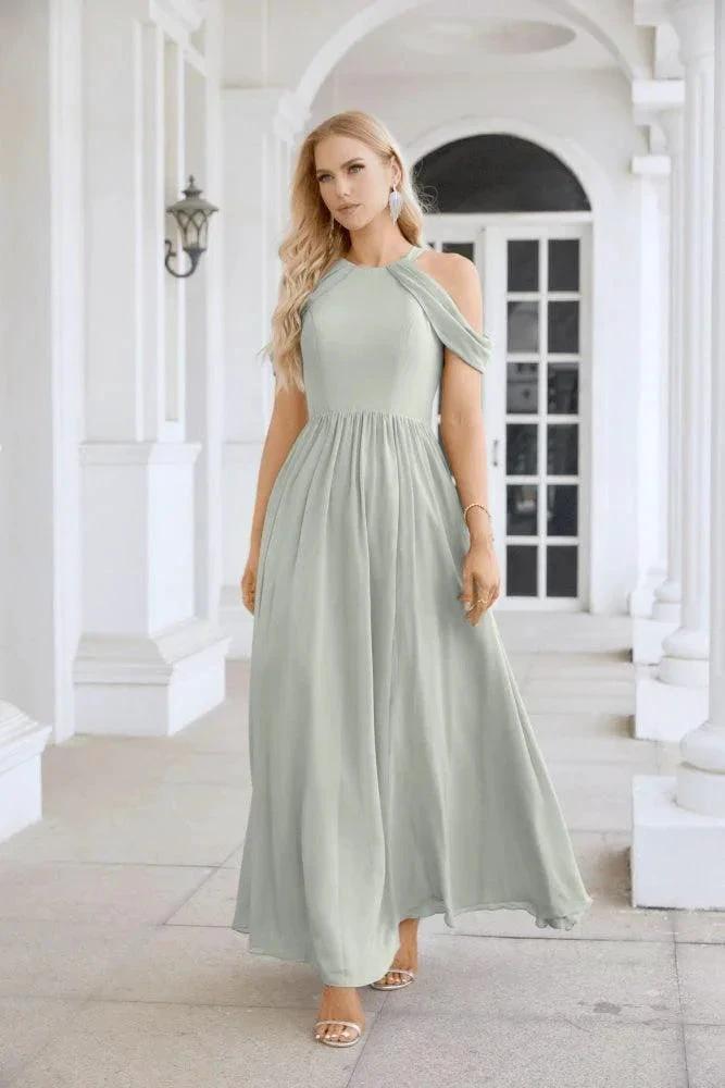 Ladies Chiffon Off Shoulder Swing Sleeve Front Slit Bridesmaid Evening Dress Wedding Party Evening Dress 28117 by numbersea