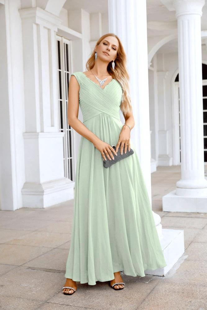 Ladies Chiffon V Neck Sleeveless Floor Length Bridesmaid Evening Dress Wedding Party Evening Dress 28126 by numbersea