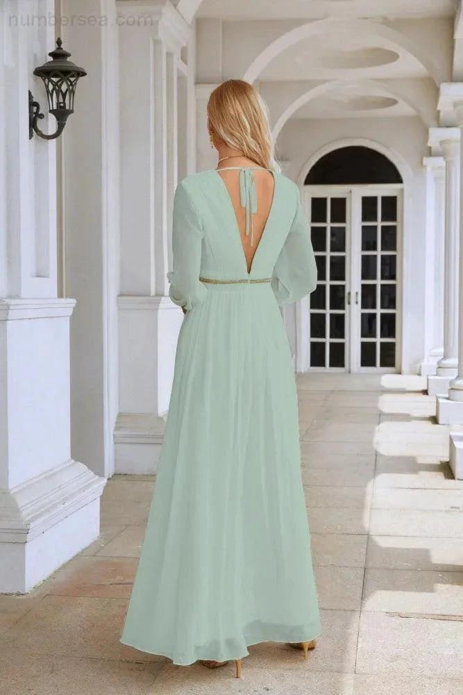 Ladies V Neck Chiffon Long Sleeve Front Slit Bridesmaid Evening Dress Wedding Party Shopping Evening Dress 28109 (ZD16991)