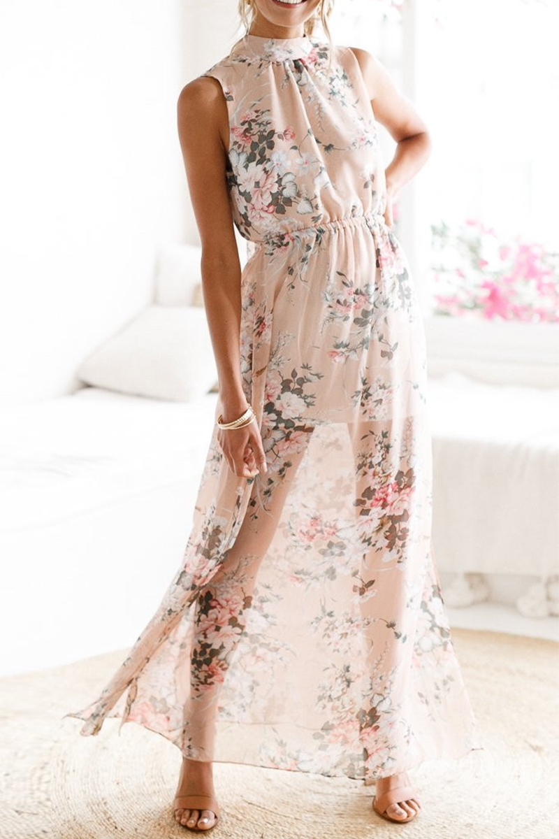 Casual Print Backless Mesh Halter Dresses - Fashionpara