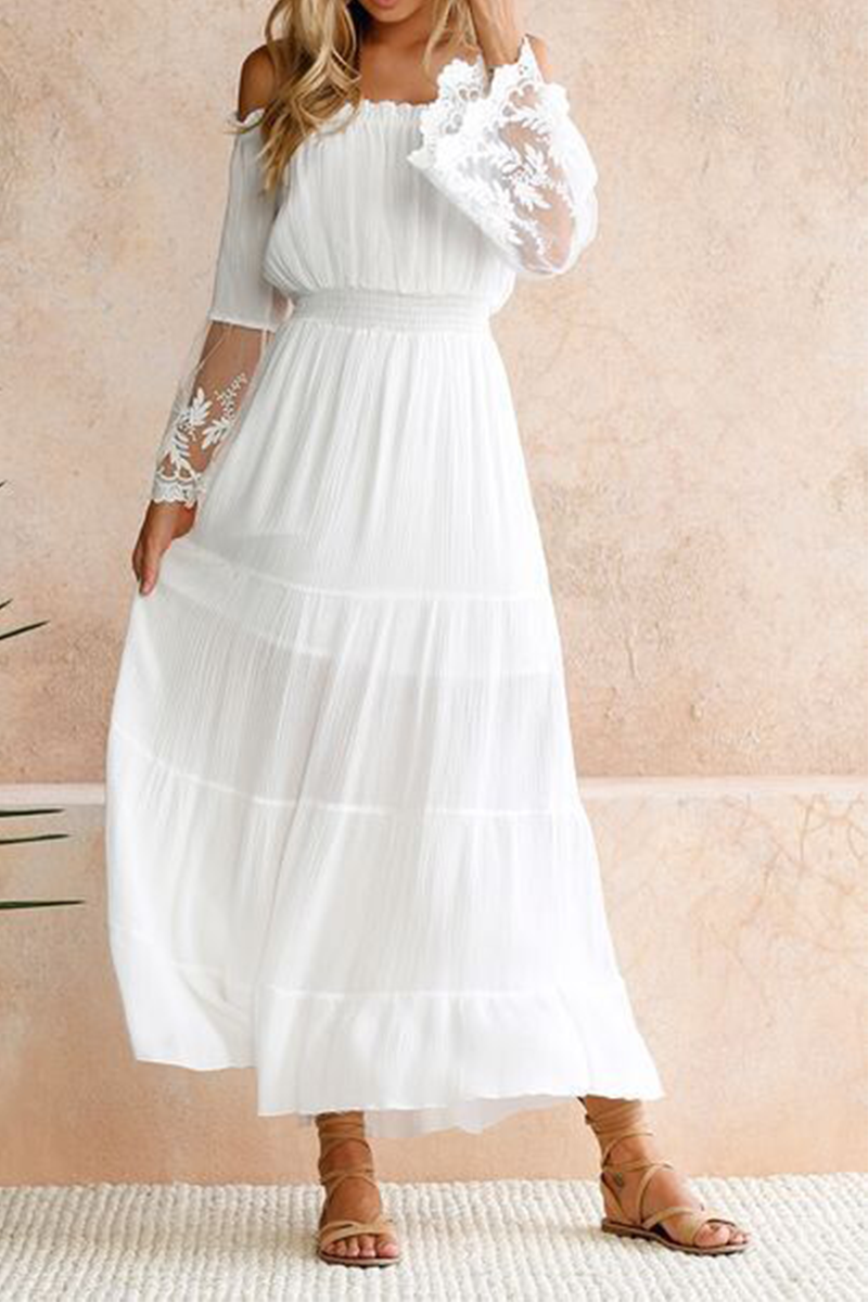 Fashion Solid Patchwork Off the Shoulder Mesh Dress Dresses - Fashionpara