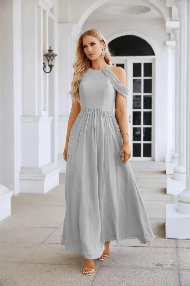 Ladies Chiffon Off Shoulder Swing Sleeve Front Slit Bridesmaid Evening Dress Wedding Party Evening Dress 28117 by numbersea