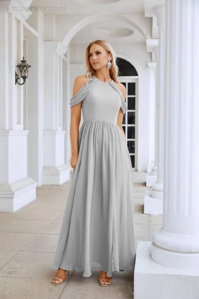 Ladies Chiffon Off Shoulder Swing Sleeve Front Slit Bridesmaid Evening Dress Wedding Party Evening Dress 28117 (ZD17011)