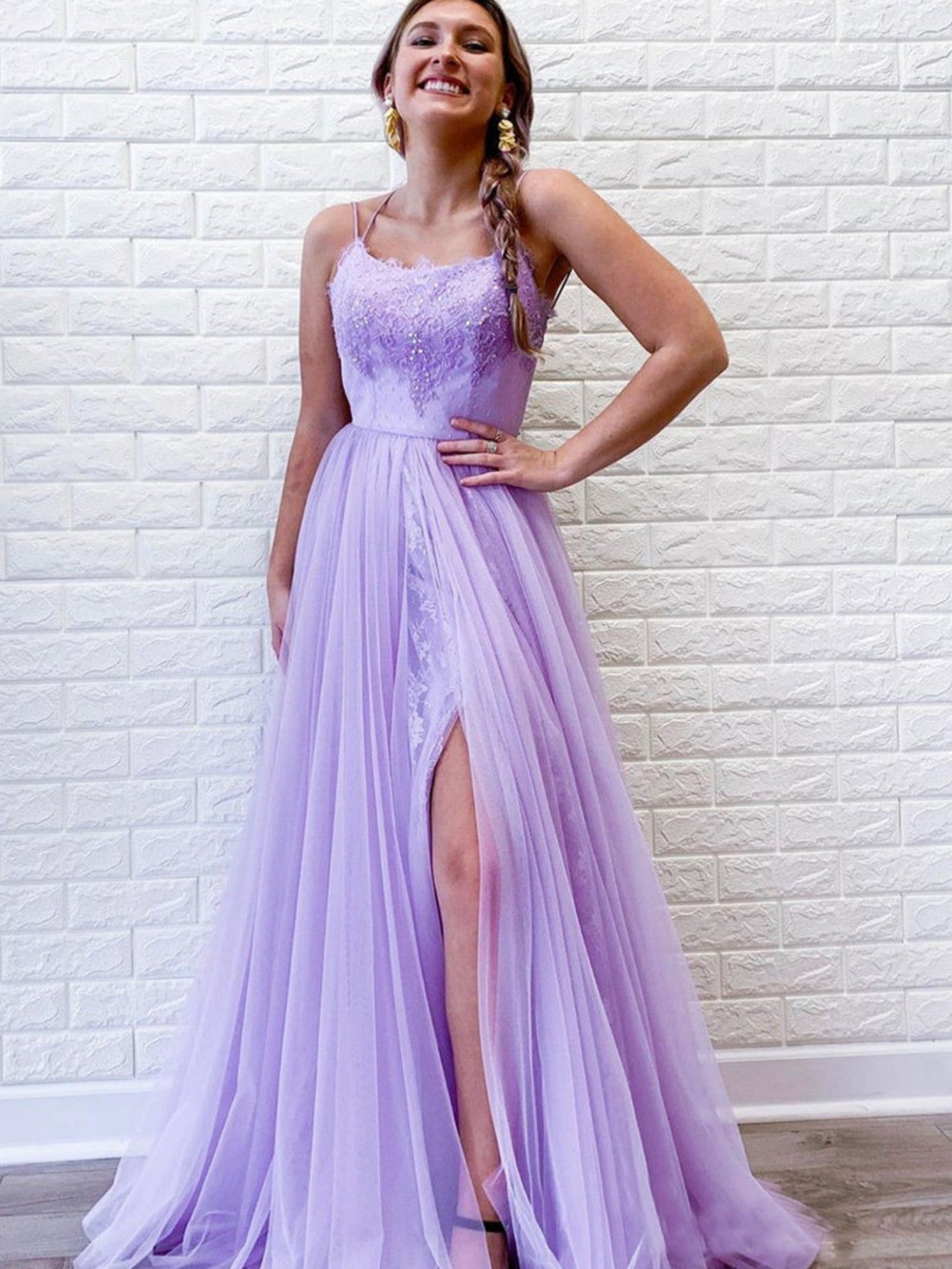 A Line Purple Backless Tulle Long Prom Dress - Fashionpara