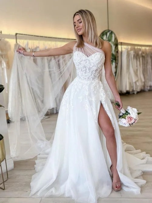 A Line One Shoulder Lace Tulle Bridal Dress With Long Train