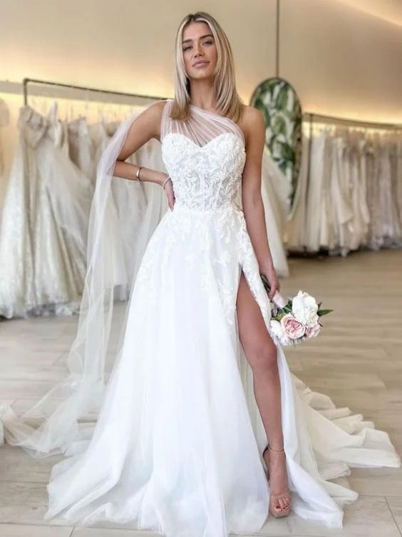 A Line One Shoulder Lace Tulle Bridal Dress With Long Train