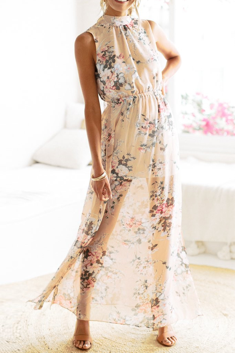 Casual Print Backless Mesh Halter Dresses - Fashionpara