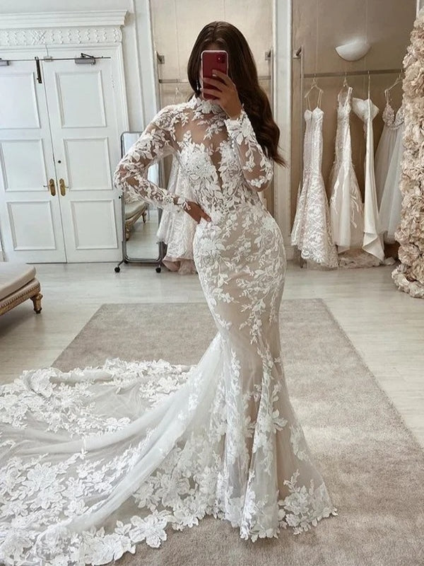 High Neck Long Sleeve Lace Mermaid Cutout Open Back Wedding Dress