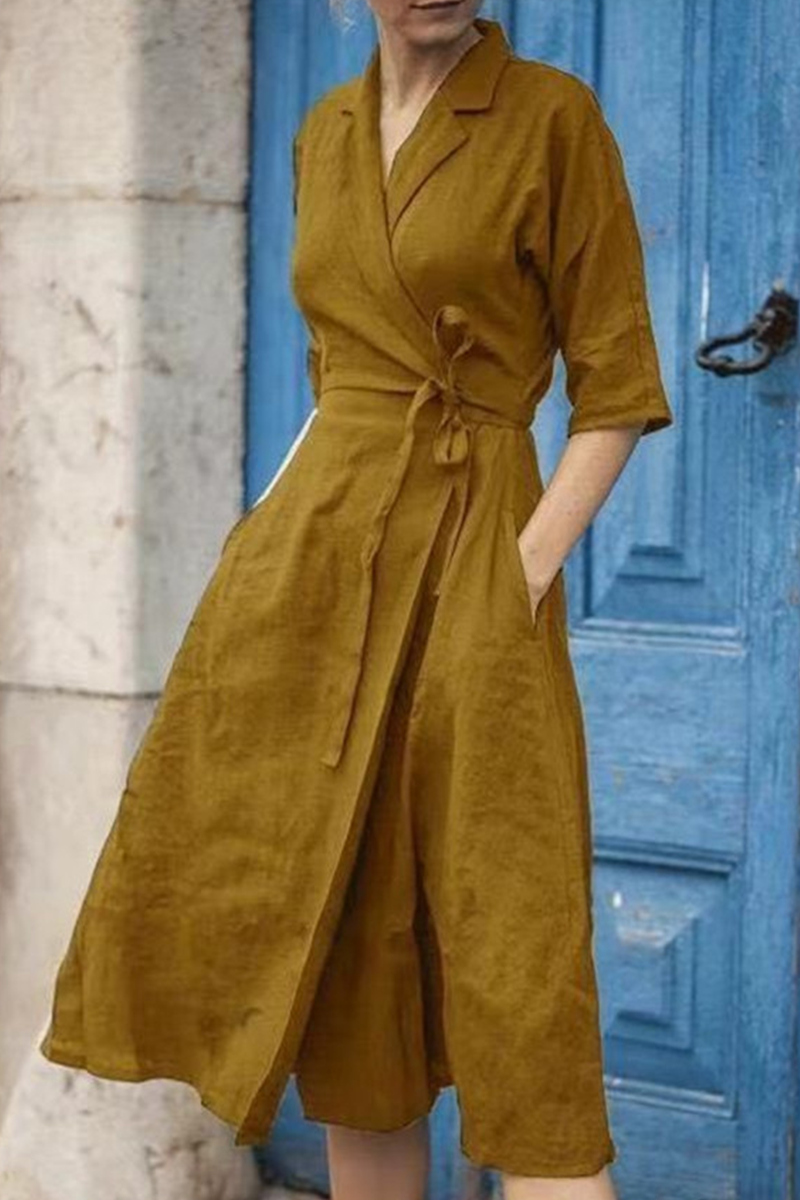 Casual Solid Patchwork Turndown Collar Waist Skirt Dresses - Fashionpara