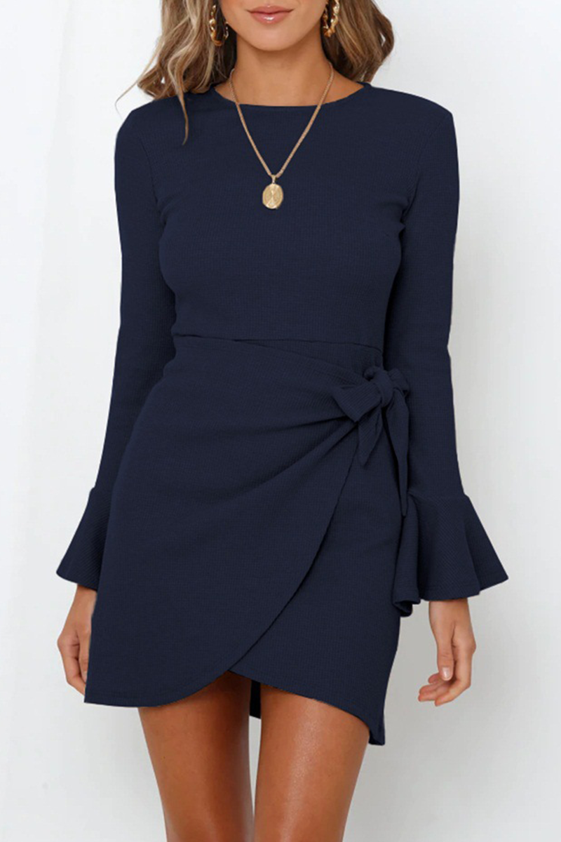 Amelia Effortless Casual Long Sleeve Round Neck Ruffle Mini Dress Elevated Occasion Wear
