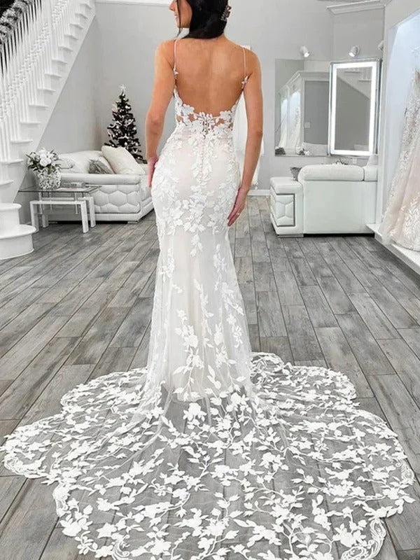Thin Strap Deep V Neck Lace Low Back Mermaid Wedding Dress