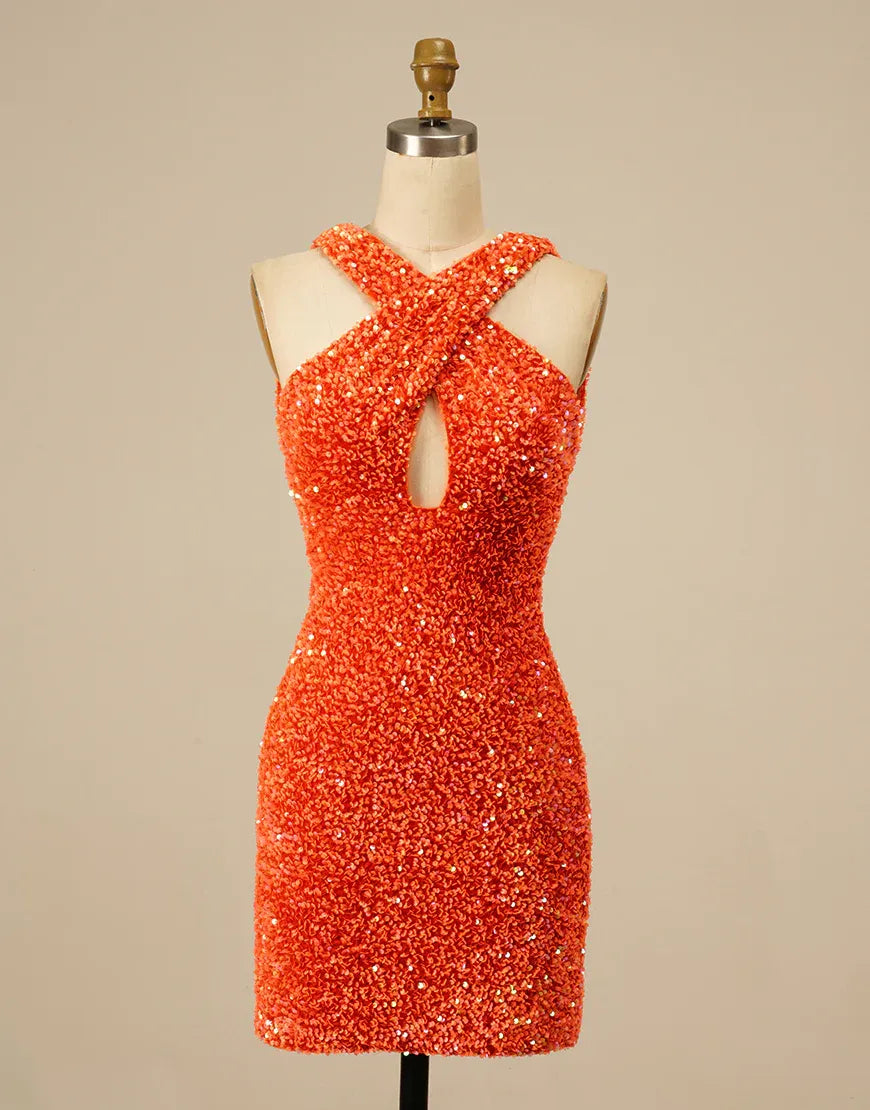 Sexy Orange Halter Backless Sequins Homecoming Dress