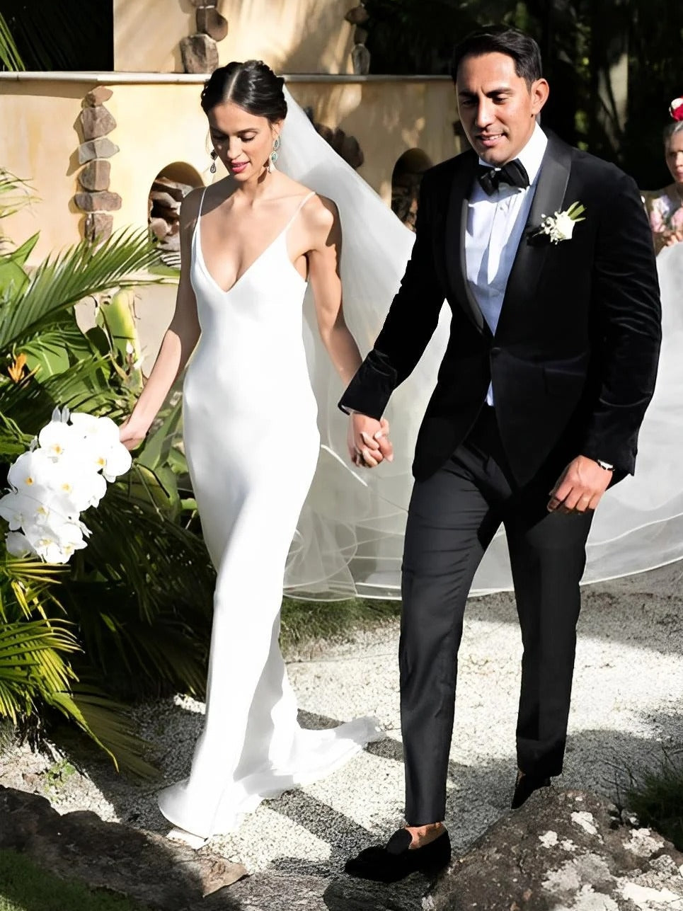 Elegant Simple V Neck Smooth Satin Floor Length Sheath Bridal Dress