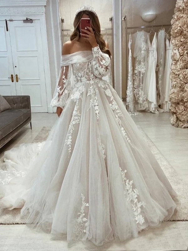 Off-the-Shoulder Puff Long Sleeve Dreamy Tulle Wedding Dress With Long Train