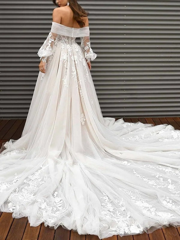 Off-the-Shoulder Puff Long Sleeve Dreamy Tulle Wedding Dress With Long Train