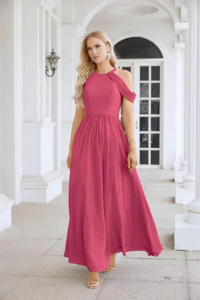 Ladies Chiffon Off Shoulder Swing Sleeve Front Slit Bridesmaid Evening Dress Wedding Party Evening Dress 28117 by numbersea