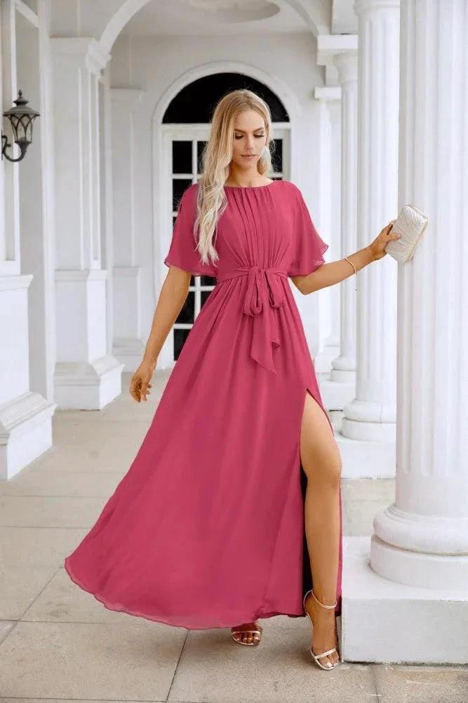 Ladies Chiffon Sleeve Crew Neck Front Slit Floor Length Bridesmaid Evening Dress Wedding Party Evening Dress 28124 by numbersea