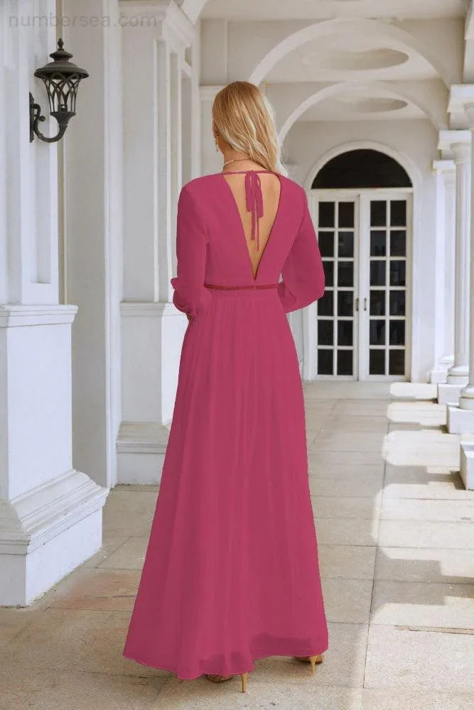 Ladies V Neck Chiffon Long Sleeve Front Slit Bridesmaid Evening Dress Wedding Party Shopping Evening Dress 28109 (ZD16991)