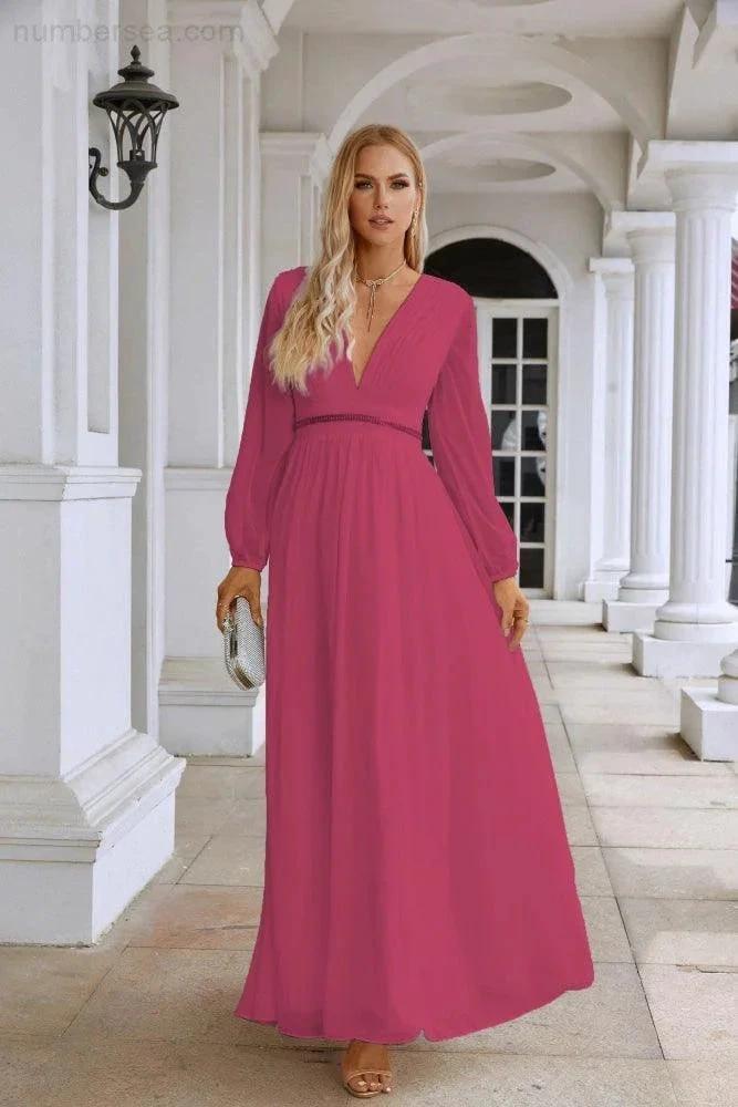 Ladies V Neck Chiffon Long Sleeve Front Slit Bridesmaid Evening Dress Wedding Party Shopping Evening Dress 28109 (ZD16991)