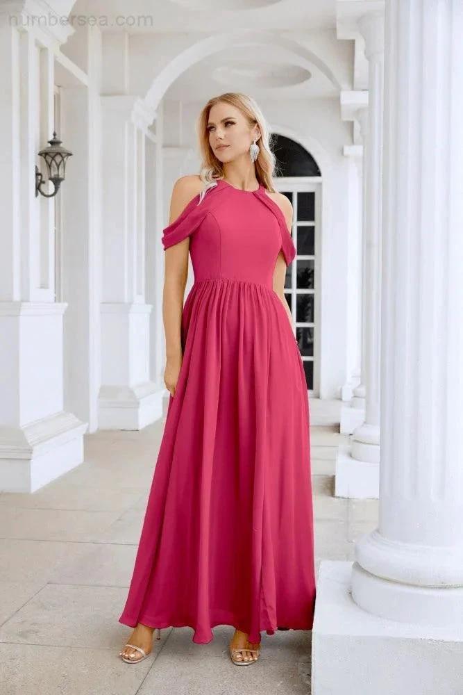 Ladies Chiffon Off Shoulder Swing Sleeve Front Slit Bridesmaid Evening Dress Wedding Party Evening Dress 28117 (ZD17011)