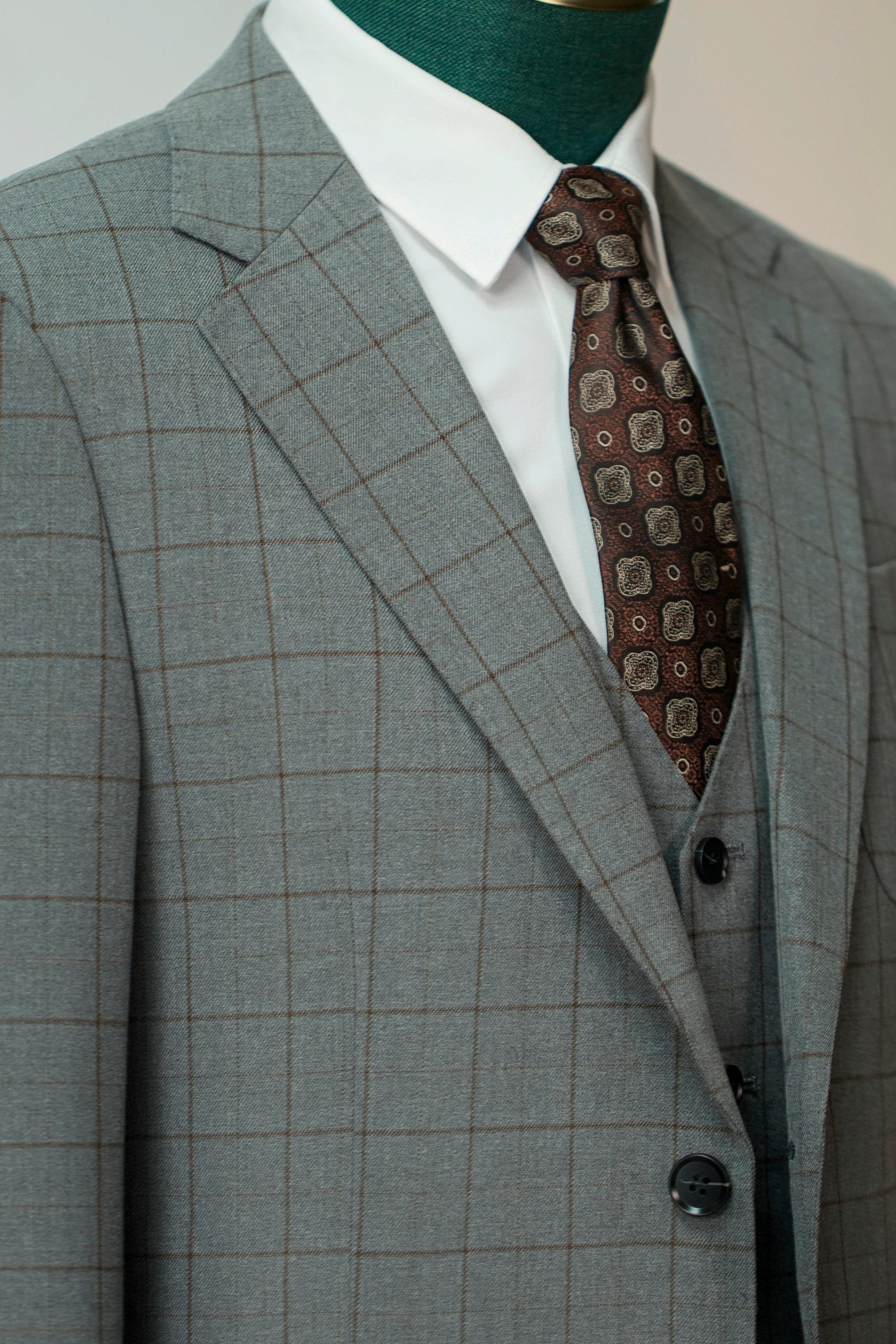 Windowpane Check Three Piece Wool Suit For Groom Wedding (ZD17101)