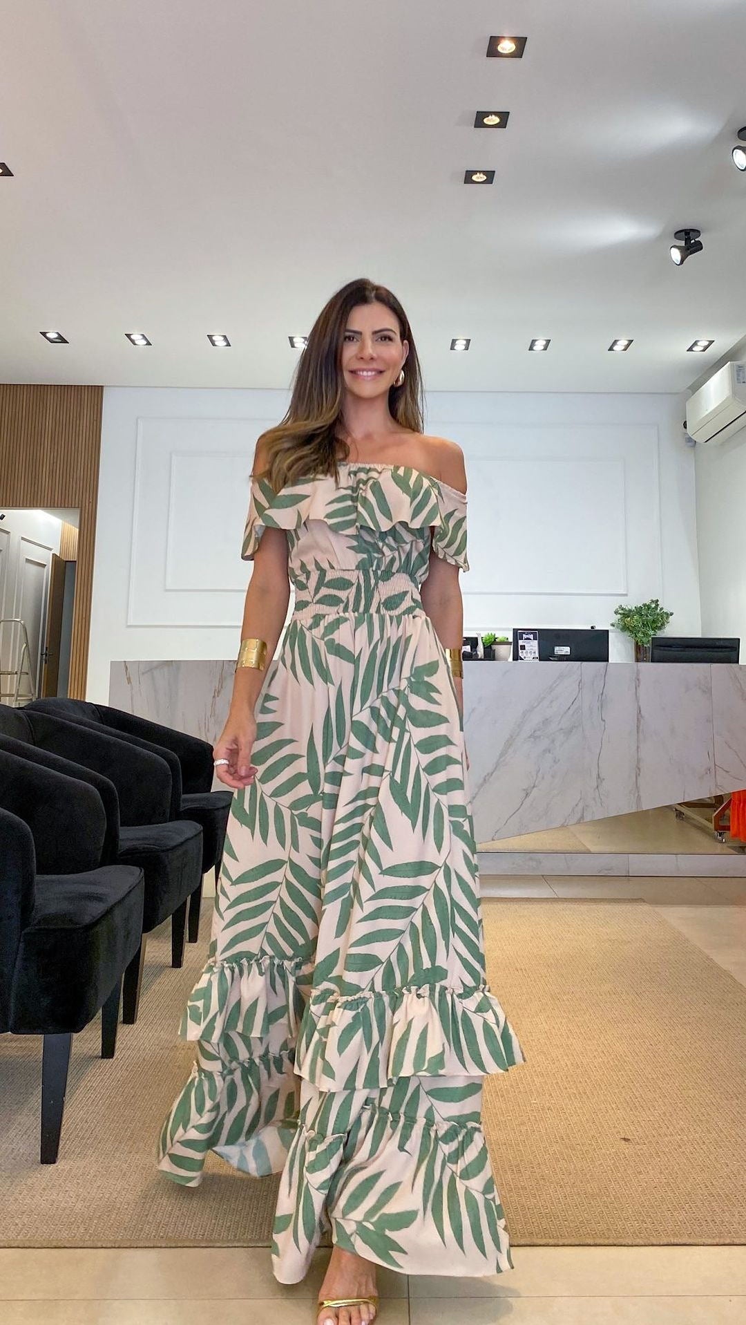 One Sleeve Palm Printed Self Tie Tiered Maxi Dress