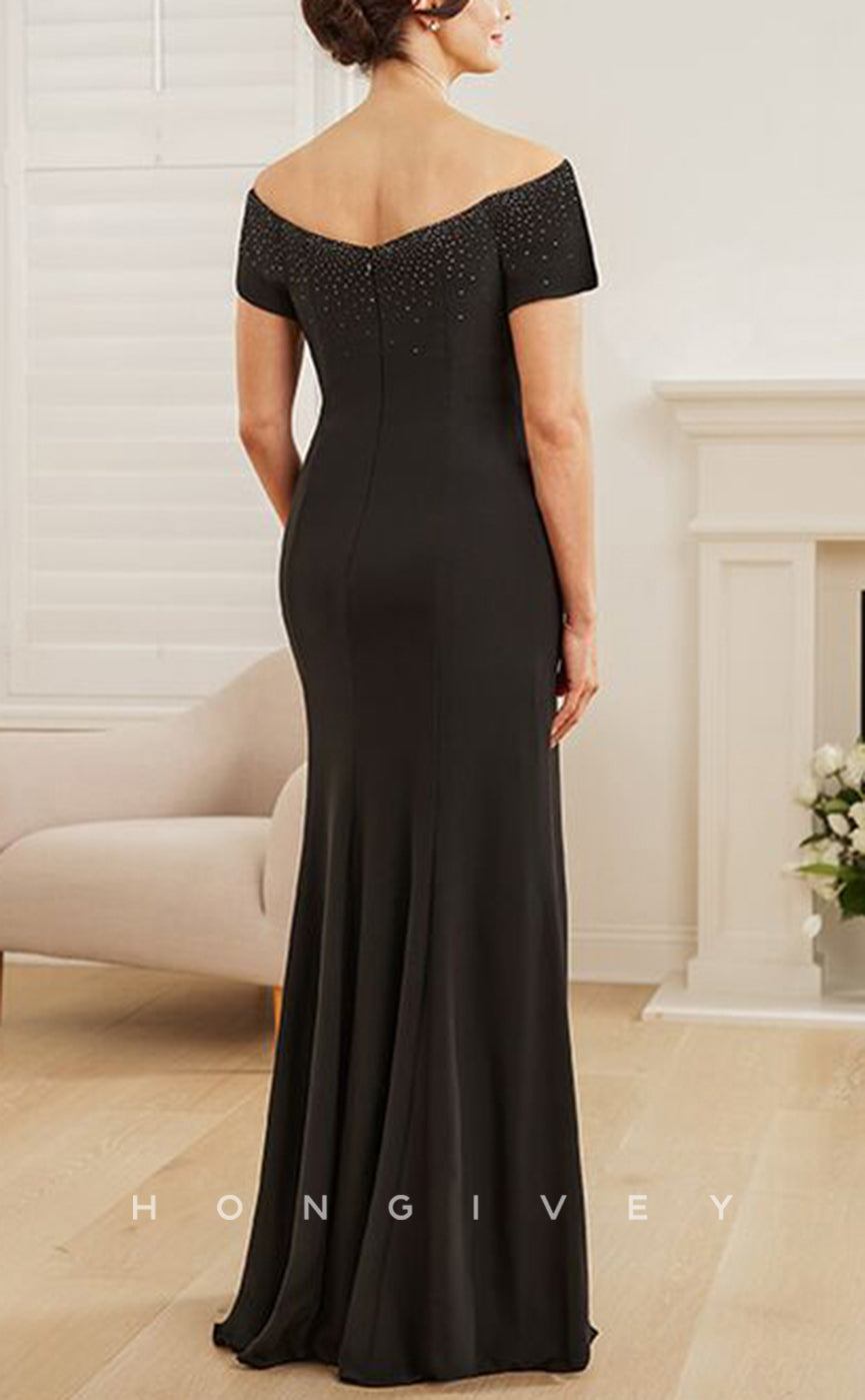HM250 - Off-Shoulder Short Sleeve Ruffled With Slit Mother of the Bride Dress