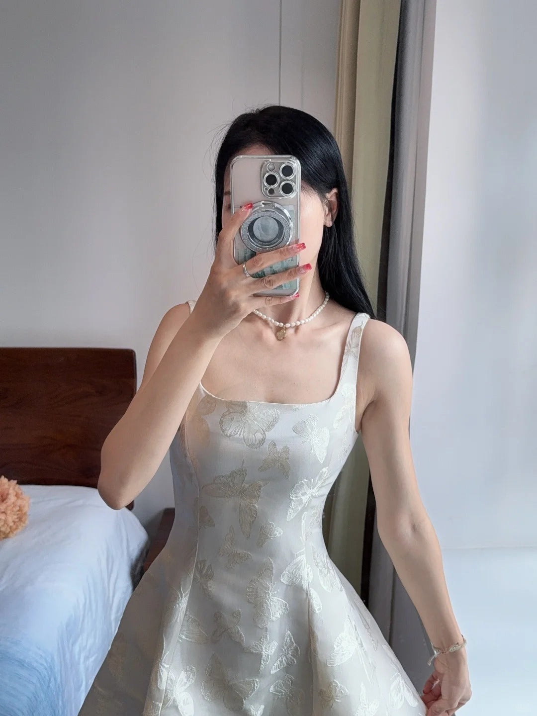 Elegant White A-Line Square Neck Halter Top With Butterfly Jacquard Satin Long Prom & Evening Dress - View 3 | FashionDia