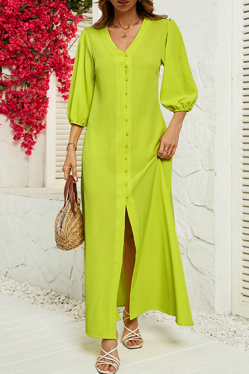 Annunziata Luxe Long Half Sleeved Button Down Dress with a V Neckline Everyday Edit