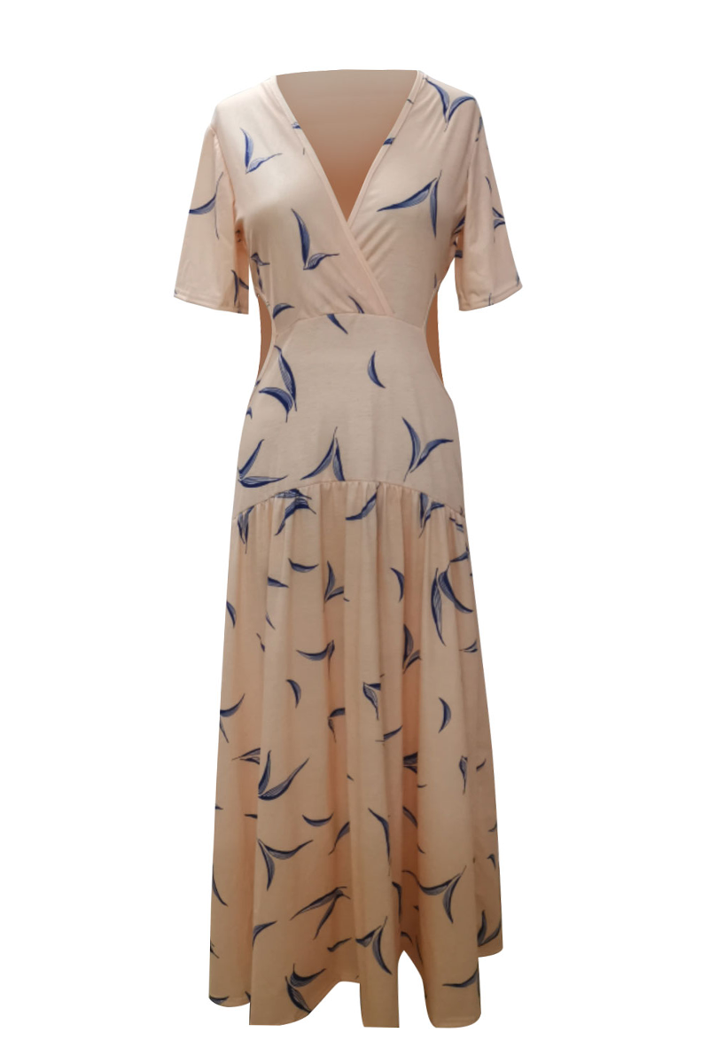Casual Vacation Print Hollowed Out Patchwork V Neck A Line Dresses - Fashionpara
