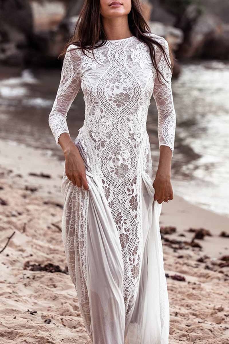 Elegant Solid Backless O Neck Lace Dress Dresses - Fashionpara