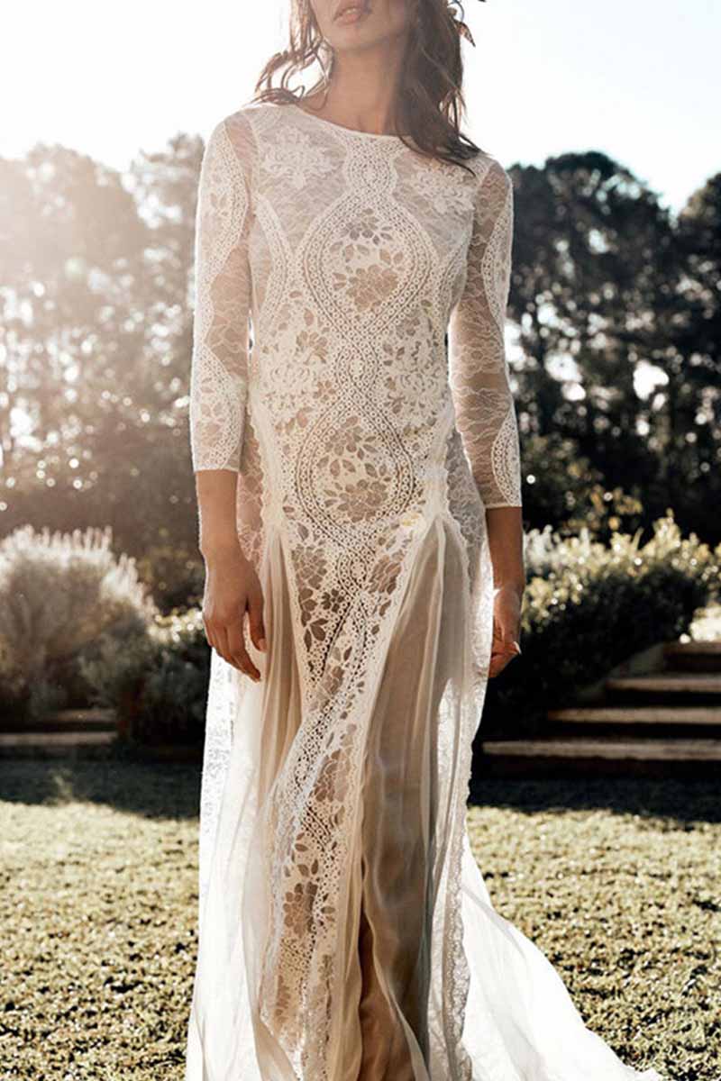 Elegant Solid Backless O Neck Lace Dress Dresses - Fashionpara