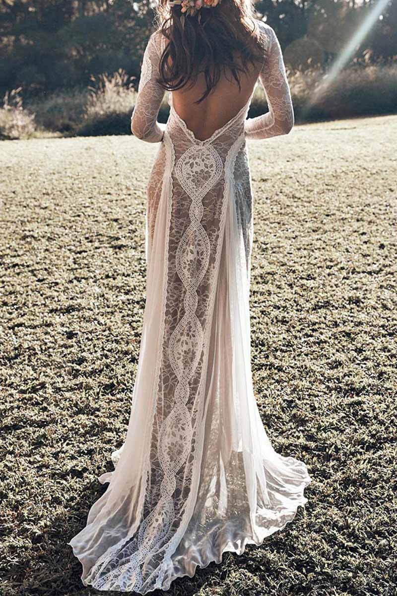 Elegant Solid Backless O Neck Lace Dress Dresses - Fashionpara