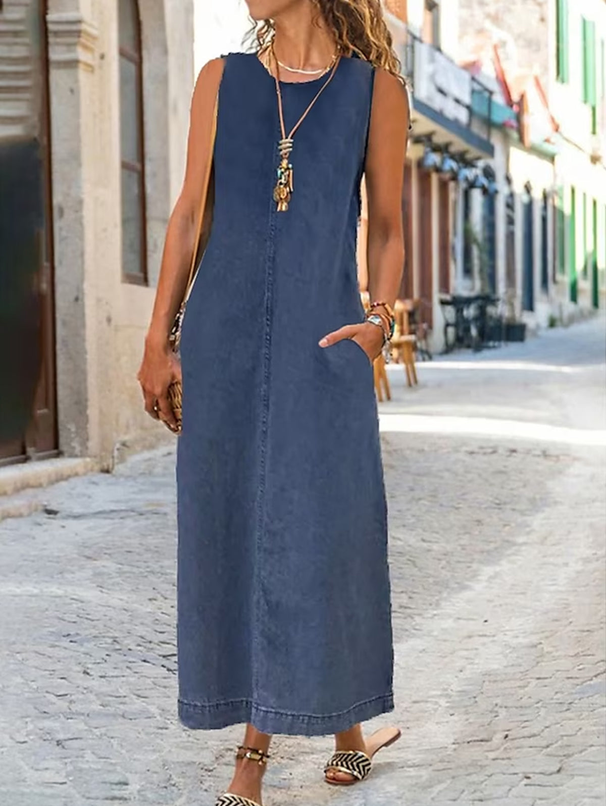Summer Plain Crew Neck Pocket Long Denim Dress - Omychic