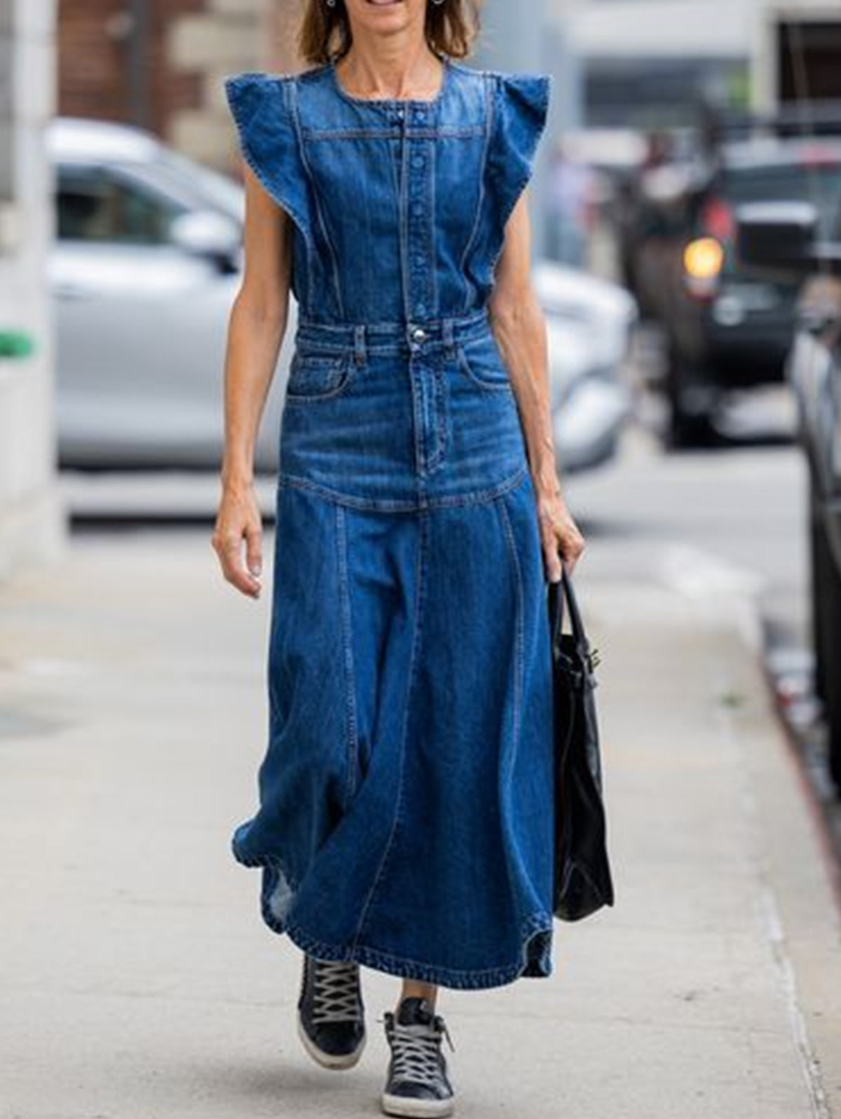 Stylish Plain Crew Neck Cap Sleeve Spliced Denim Midi Dress