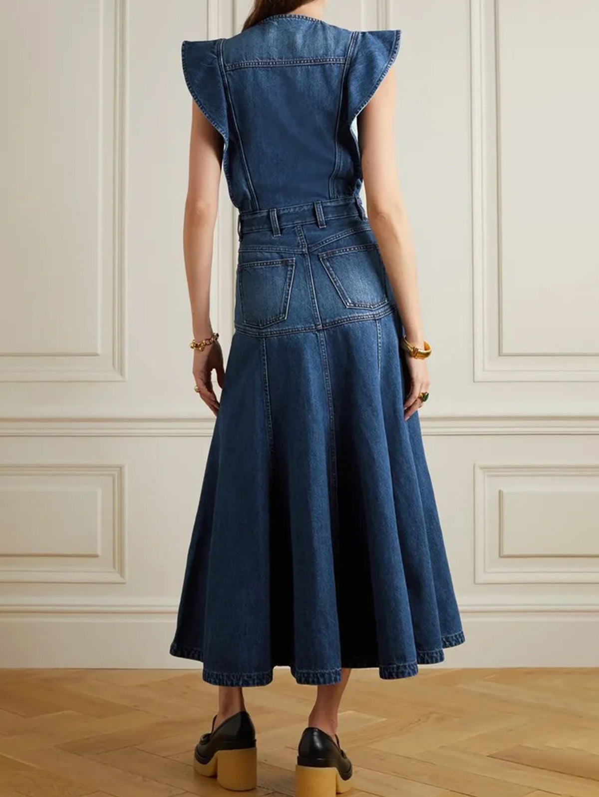 Stylish Plain Crew Neck Cap Sleeve Spliced Denim Midi Dress