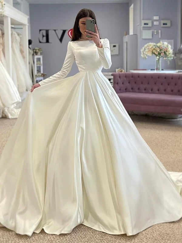 Long Sleeves Simple Clean Design Satin Ballgown Sweep Train Wedding Dress