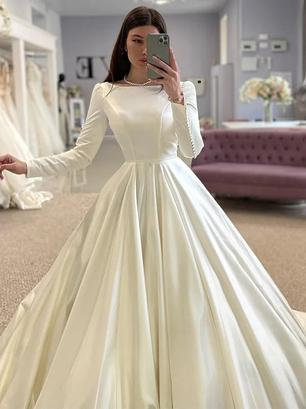 Long Sleeves Simple Clean Design Satin Ballgown Sweep Train Wedding Dress