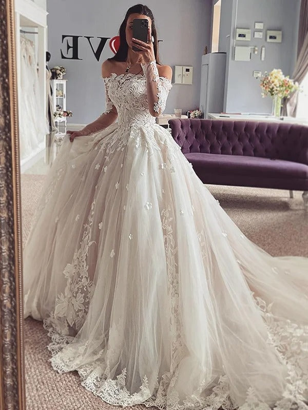 Off-the-Shoulder Long Lace Sleeve Floral Appliques Ballgown Wedding Dress