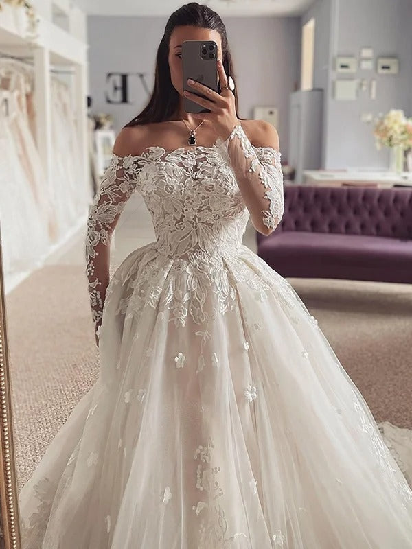 Off-the-Shoulder Long Lace Sleeve Floral Appliques Ballgown Wedding Dress