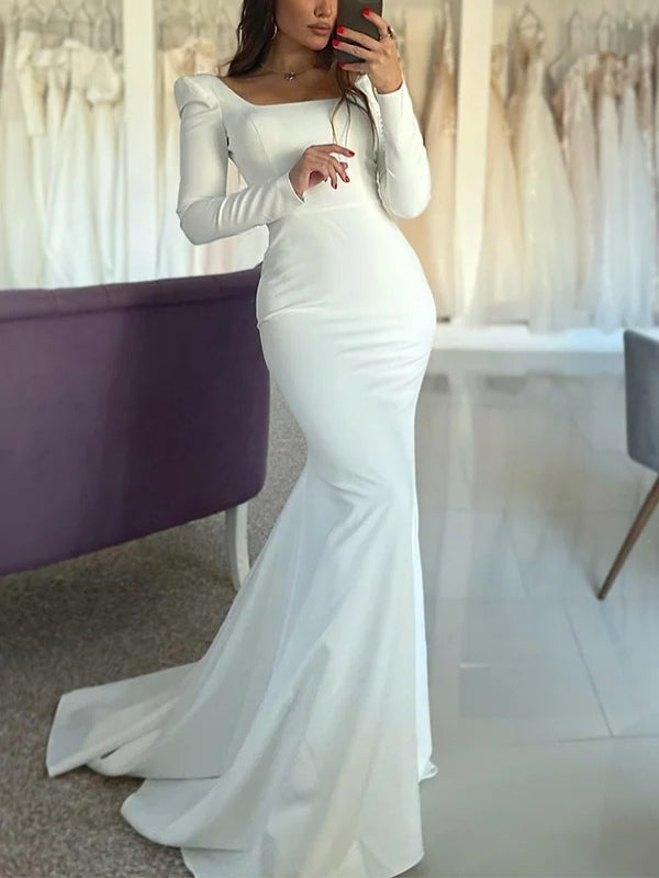 Open Back Square Neck Long Sleeve Satin Mermaid Wedding Dress