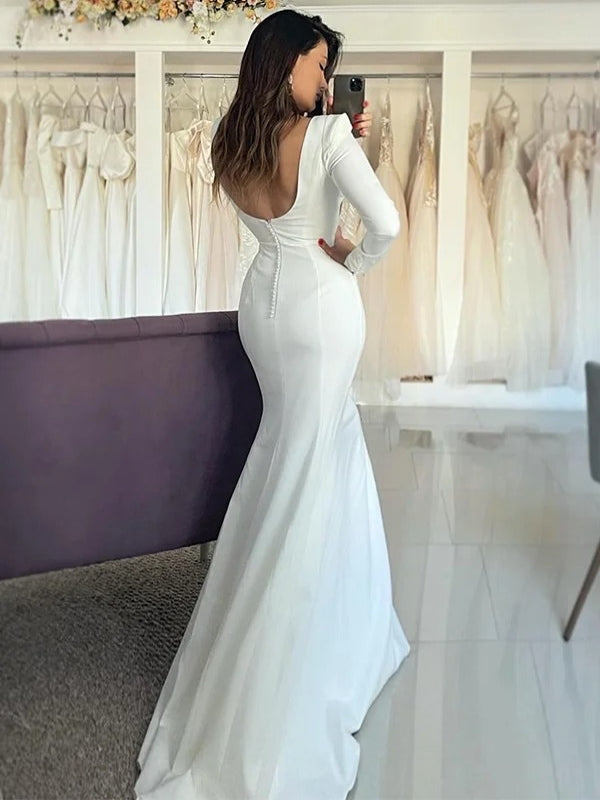 Open Back Square Neck Long Sleeve Satin Mermaid Wedding Dress