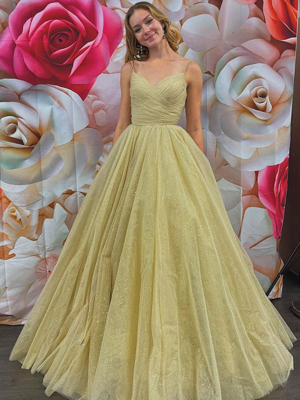 Champagne A-Line Spaghetti Straps V-Neck Tulle Long Prom Dress - FashionDia