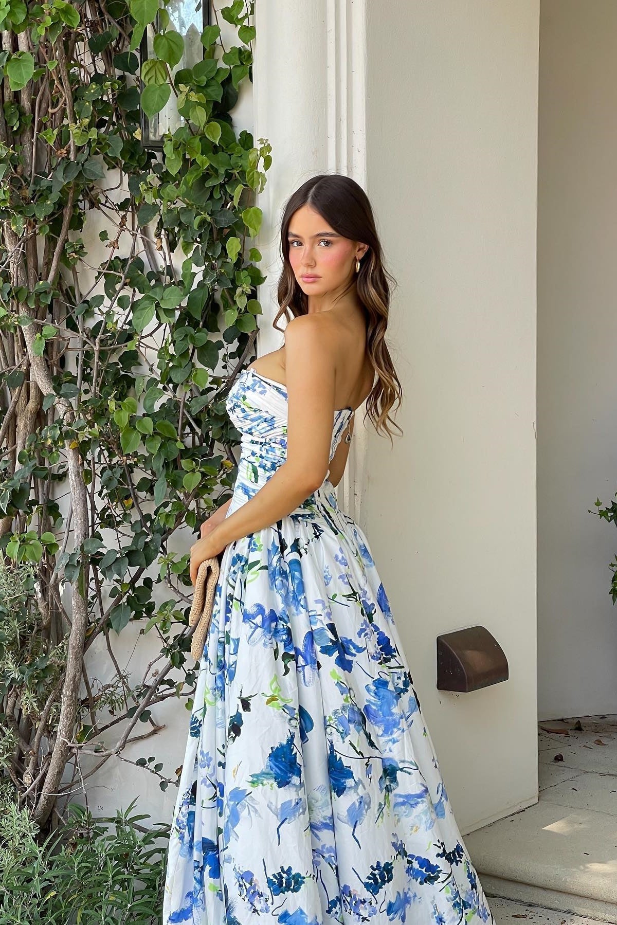 Princess A Line Strapless Blue Printed High-Low Party Dress with Ruffles