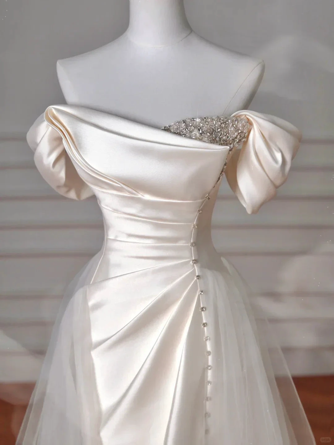 Elegant White off The Shoulder Satin Beaded Mermaid Evening Dress,Formal Prom Dress Wedding Dress (ZD13757)