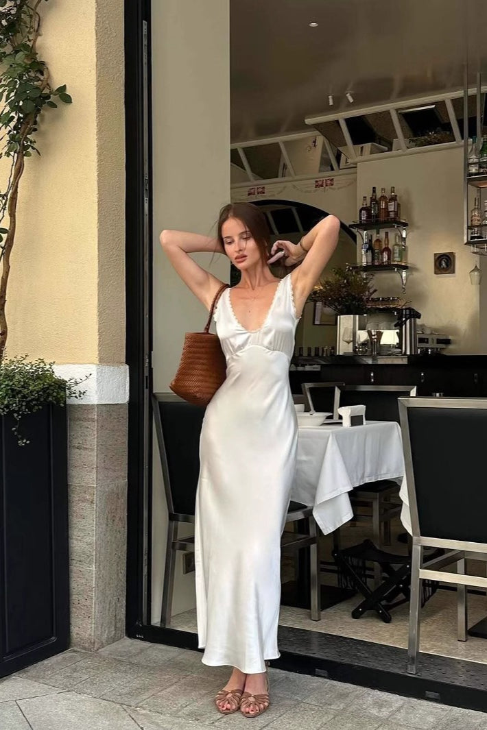 Lace Cutout White Halter V-Neck Mermaid Silk Dress - View 3 | VelvetHem